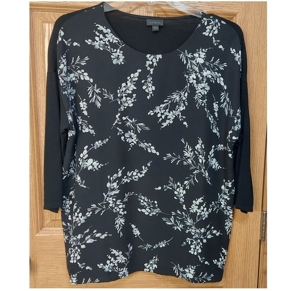 J. Jill Wearever Mixed Media Floral Top Black White 3/4 Sleeve Scoop‎ Neck Large